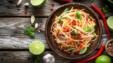 An overhead view of a spicy Thai papaya salad on a rustic wooden table, with fresh lime, garlic, and chili peppers scattered around for a vibrant touch.の素材