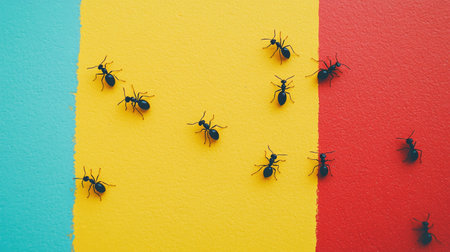 Ants crawling on a bright-colored surface, with ample copy space on the right side.の素材