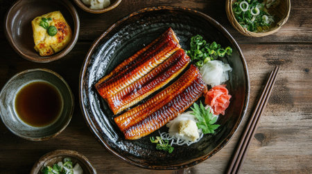 Artistic top view of grilled eel with a glossy sauce, arranged on a Japanese-style ceramic plate with side dishes and chopsticks on a wooden table.の素材