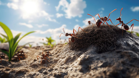Ants building a nest in the ground with an expansive sky providing ample room for text.の素材