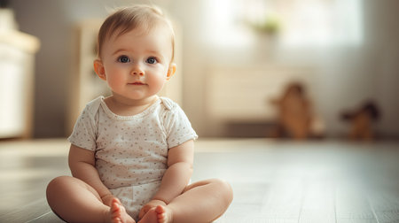 Baby sitting on the floor, looking at the camera, with room for copy above and below. -の素材