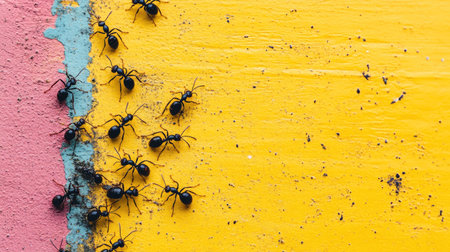 Ants crawling on a bright-colored surface, with ample copy space on the right side.の素材