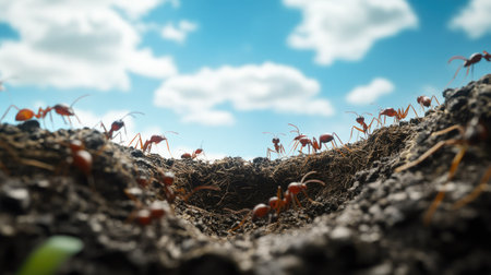 Ants building a nest in the ground with an expansive sky providing ample room for text.の素材