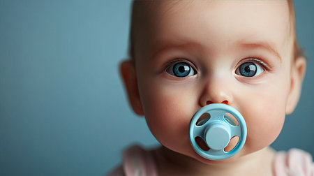 Baby holding a pacifier in their mouth, with blank space around the baby for text.の素材