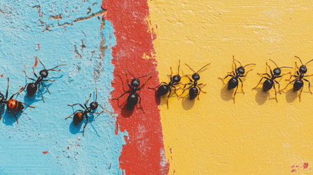 Ants crawling on a bright-colored surface, with ample copy space on the right side.の素材