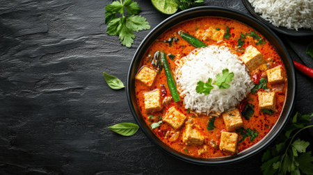 An appetizing display of Thai red curry with tofu, served with fragrant jasmine rice and fresh herbs on a dark background.の素材