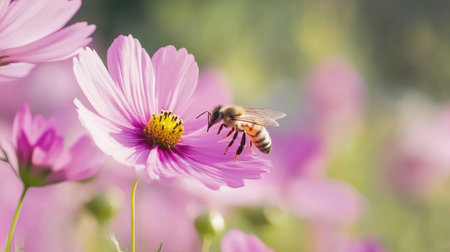 Bee gathering nectar from a bright flower, leaving a clear space in the background for text.の素材
