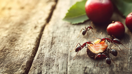Ants exploring a piece of fruit on a wooden table with ample space on the left for copy.の素材
