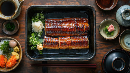 Artistic top view of grilled eel with a glossy sauce, arranged on a Japanese-style ceramic plate with side dishes and chopsticks on a wooden table.の素材