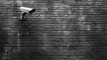 Black and white image of a security camera on a brick wall, with space for copy on the left side. -の素材