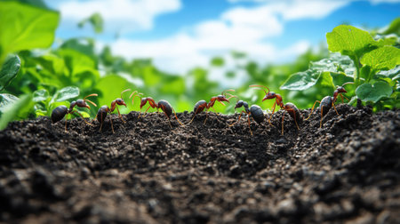 Ants exploring a small garden bed, with space for text in the empty sky above.の素材