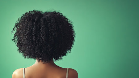 Back view of a woman curly hair, against a solid color background with ample copy space above.の素材