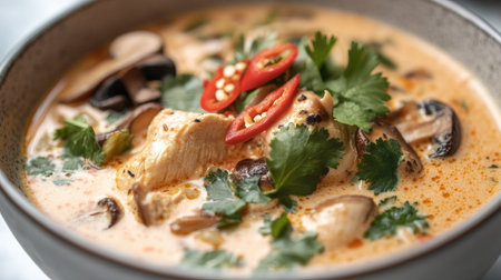 Close-up of a bowl of Tom Kha Gai soup with tender chicken, mushrooms, and a rich coconut broth, garnished with cilantro and chili slices.の素材