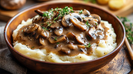 Close-up of a bowl of creamy mushroom gravy with mushrooms and herbs, served over mashed potatoes on a rustic table.の素材