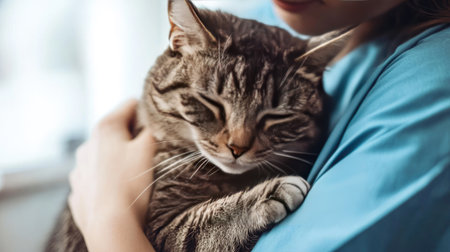 Cat being gently restrained by a vet assistant, with ample space on the right side for text or branding.の素材