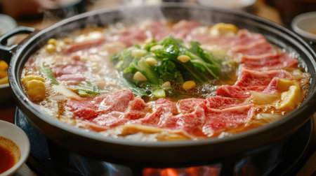 Close-up of a bubbling Shabu-Shabu hot pot with slices of beef and vegetables being cooked, accompanied by bowls of dipping sauce. -の素材