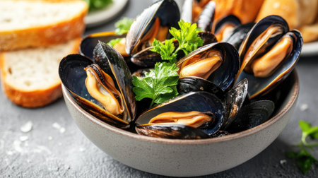 Close-up of a bowl of mussels cooked in white wine and garlic, garnished with parsley and served with crusty bread.の素材