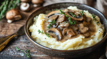 Close-up of a bowl of creamy mushroom gravy with mushrooms and herbs, served over mashed potatoes on a rustic table.の素材