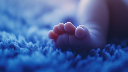 Close-up of a baby's foot, with surrounding blank space for copy.の素材