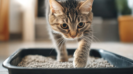 Close-up of a cat stepping into a litter box with a blurred background, creating perfect copy space for pet care or product promotions.の素材