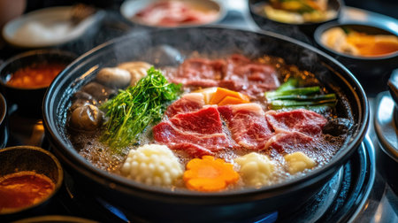 Close-up of a bubbling Shabu-Shabu hot pot with slices of beef and vegetables being cooked, accompanied by bowls of dipping sauce. -の素材
