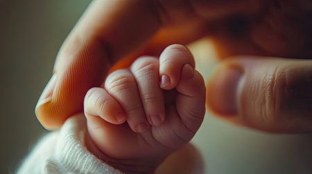 Close-up of a baby's hand gripping a parent's finger, with space for copy around the hand.の素材