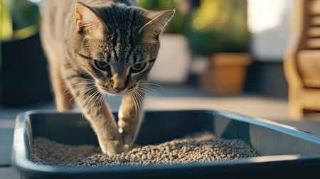 Close-up of a cat entering a litter box with a soft-focus background, providing ample space on the right side for text or product details.の素材