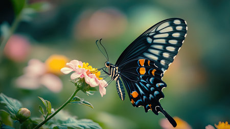 Close-up of a butterfly perched on a flower, with a blurred background providing space for text on the right.の素材