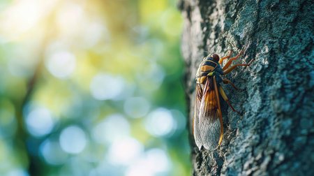 Close-up of a cicada on a tree trunk with a soft-focus, blurred background providing ample copy space.の素材