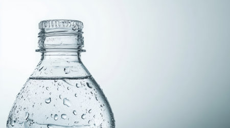 Close-up of a clear water bottle on a white background, with plenty of space on the right for text.の素材