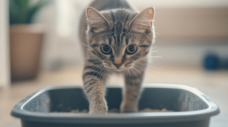 Close-up of a cat stepping into a litter box with a blurred background, creating perfect copy space for pet care or product promotions.の素材