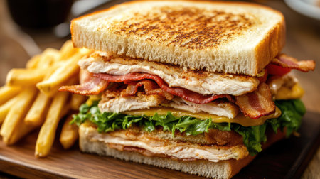 Close-up of a classic club sandwich with layers of chicken, bacon, lettuce, and tomato, served with a side of golden fries.の素材