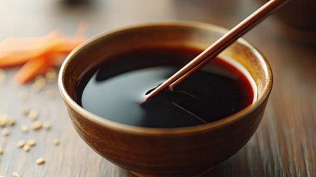 Close-up of a bowl of soy sauce with chopsticks, with a wide-open background for text.の素材