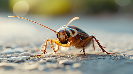 Close-up of a cockroach on a surface with a wide-open background area for copy. --ar 16:9の素材