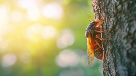 Close-up of a cicada on a tree trunk with a soft-focus, blurred background providing ample copy space.の素材
