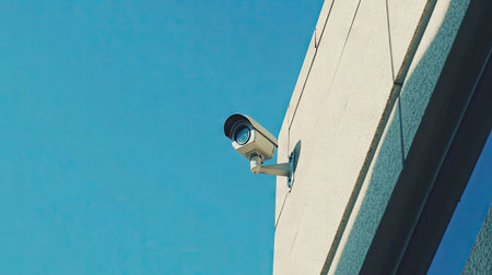 Close-up of a closed-circuit camera mounted on a building corner, with a clear sky above providing ample copy space for promotional text. -の素材