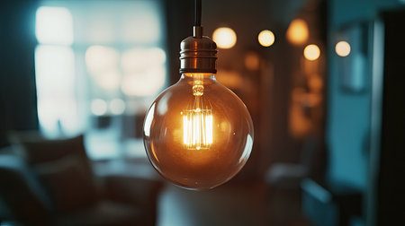 Close-up of a bulb in a lamp fixture with a blurred room background providing space for text.の素材