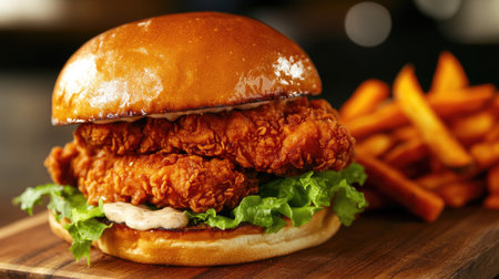Close-up of a crispy fried chicken sandwich with lettuce and mayo, placed on a wooden cutting board with a side of sweet potato fries.の素材