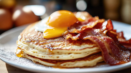 Close-up of a classic Western breakfast with pancakes, bacon, and eggs, with a soft-focus background for copy.の素材