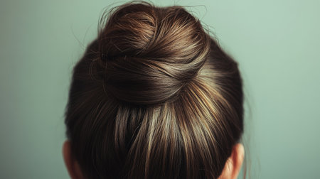 Close-up of a bun hairstyle, with minimal background and large area for text at the top.の素材