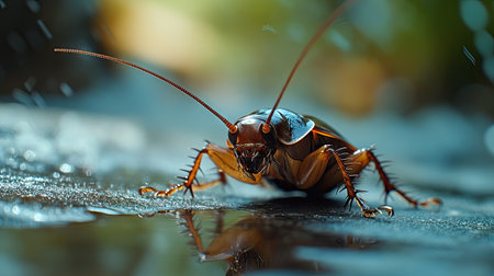 Close-up of a cockroach on a surface with a wide-open background area for copy. --ar 16:9の素材