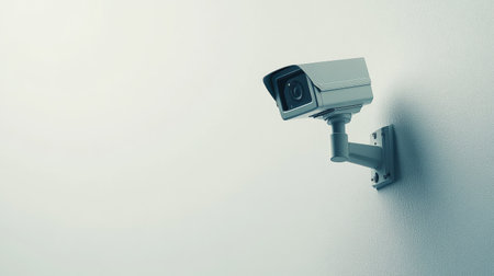 Close-up of a CCTV camera on a blank white wall, with plenty of empty space to the side for copy space, ideal for advertising security solutions.の素材
