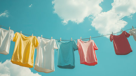 Close-up of a clothesline with shirts and pants hanging, with a wide-open sky above for text placement.の素材