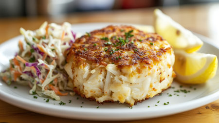 Close-up of a crab cake with a crispy golden crust, served with a side of coleslaw and lemon wedges on a white plate.の素材