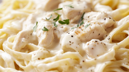 Close-up of a creamy chicken Alfredo pasta with a simple background offering ample room for text.の素材