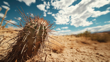 Close-up of a dried-up cactus in a desert, leaving plenty of copy space in the sky above.の素材