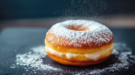 Close-up of a donut with a creamy filling and a dusting of powdered sugar, displayed on a dark slate surface.の素材