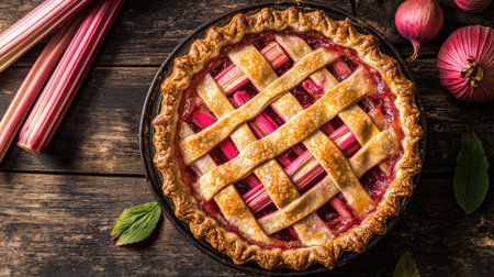 Close-up of a freshly baked rhubarb pie with a flaky crust and vibrant filling, placed on a rustic wooden table.の素材