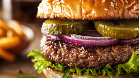 Close-up of a hearty beef burger with pickles and onions, with a large open area in the background for text.の素材