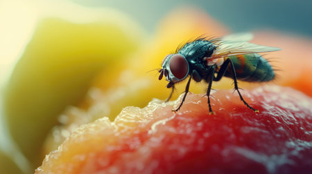 Close-up of a fly on a piece of fruit, with an empty background area for text or design.の素材